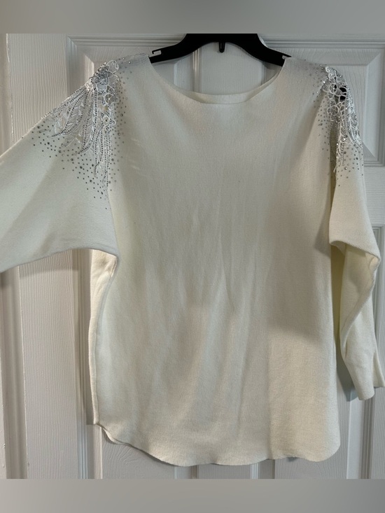 Vila Milano Sweaters - Vila Milano Embellished Ivory White Sweatshirt with Shoulder Beading